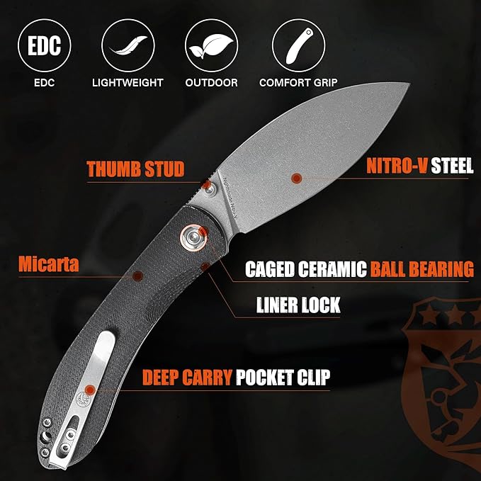Vosteed EDC Knife, 3.26" Lightweight Folding Pocket Knife with Clip for Men and Women, Modern Shilin Cutter with Nitro-V Steel Blade, Micarta Handle for Camping, Hiking-Nightshade Series