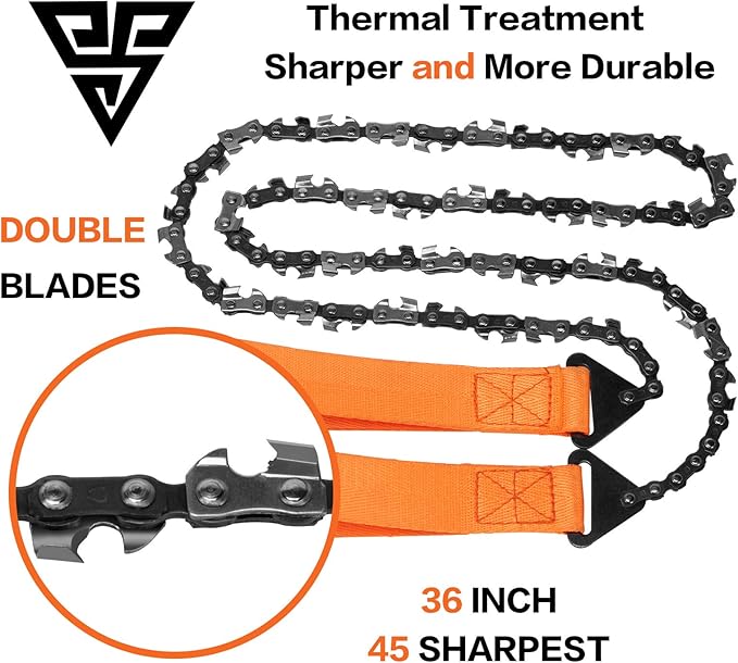 36’’-45Two-sidedTeeth Pocket Chain Saw & FREE Fire Starter,3X Faster with Cutting Blade ON Every Link,Best Compact Folding Hand Saw Tool for Survival Gear,Camping,Hunting