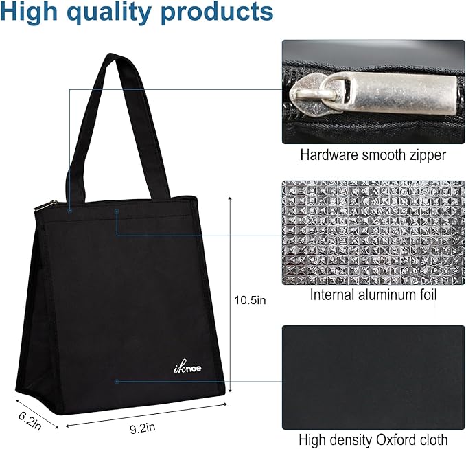 iknoe Lunch Bag Insulated Lunch Bags for Women Men Reusable Lunch Tote Portable Adult Thermal Large Lunch Cooler for Work Picnic Beach-Plain Black