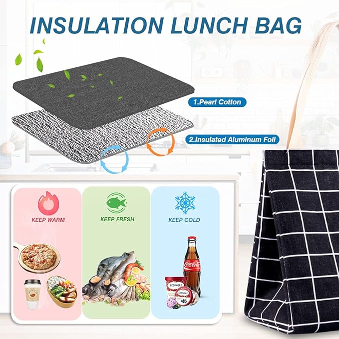 iknoe Insulated Lunch Bag for Women, 9L Sturdy Wide-Open Foldable & Portable Lunch Tote with Interior Pockets, Water-resistant Thermal Lunch Cooler for Adults Picnic Beach-Black Plaid