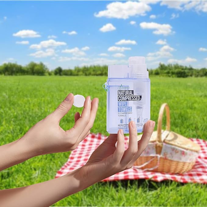 Toilet Paper Tablets Compressed Towels - Portable Compact Disposable Face Towel Wipes - Mini Coin Washcloth Tissues For Travel Camping Or Hiking + Reusable Water Tissue Dispenser (Travel Dispenser 5)