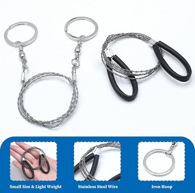 4 Pcs Survival Wire Saw, Heavy Duty Emergency Steel Wire Saw, Pocket Size Outdoor Tool for Cutting Wood Rubber Plastic (Black, Silver)
