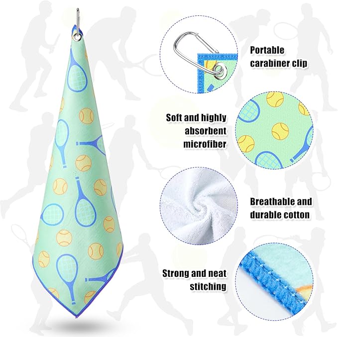15 x 17 Inch Microfiber and Cotton Sports Towels Athletic Sports Gifts Funny Prints Sports Themed Gifts with Hook Clip for Men Women Sports Gym Accessories (Green,Tennis)