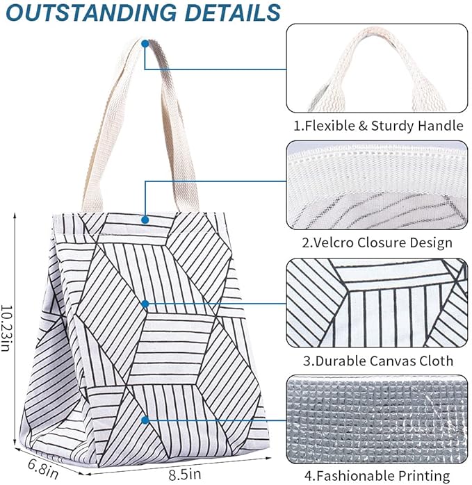 iknoe Insulated Lunch Bag for Women, 9L Sturdy Wide-Open Foldable & Portable Lunch Tote with Interior Pockets, Water-resistant Thermal Lunch Cooler for Adults Picnic Beach (White Rhombus)