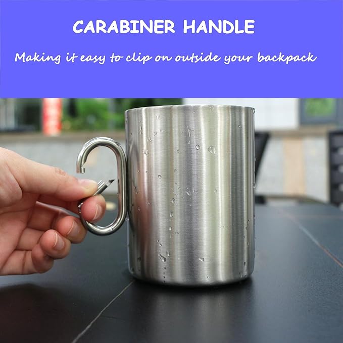 Backpacking Camping Mug,Stainless Steel Camping Cup with Carabiner Handle,Insulated Double Wall Coffee Mug Set of 2 for Traveling Outdoor 14oz