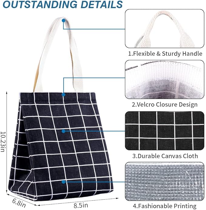 iknoe Insulated Lunch Bag for Women, 9L Sturdy Wide-Open Foldable & Portable Lunch Tote with Interior Pockets, Water-resistant Thermal Lunch Cooler for Adults Picnic Beach-Black Plaid