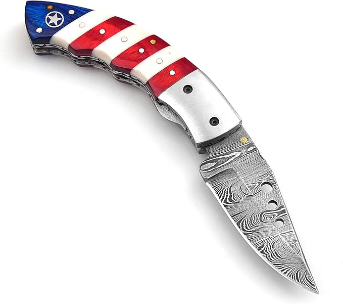 5079US Custom Damascus Steel Folding Pocket Knife with Sheath Cool Camping Knife for men Unique Damascus Blade Pattern 5079US (US Flag)