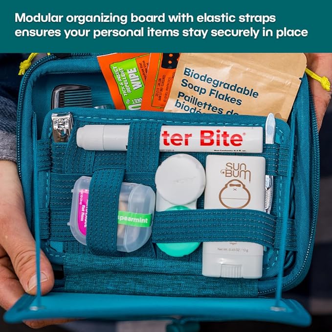Adventure Hanging Toiletry Kit - Camping Toiletry Bag with Soap Flakes, Compressed Towelettes, Toothbrush, Mirror & More
