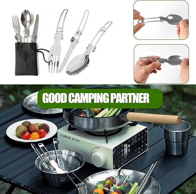 Camping Cookware Set Portable Backpacking Stove Kit, Mini Camp Stove with Non-Stick Lightweight Pots Pans and Stainless Steel Fork Knife Spoon for Outdoor Camping Hiking Cooking Gear