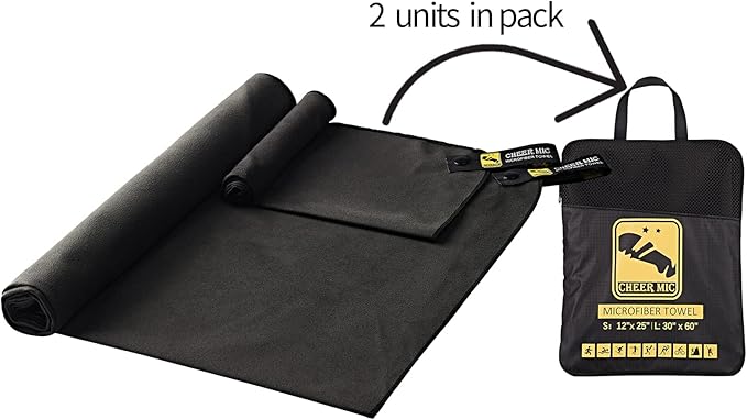 2 Pack Microfiber Fast Drying Towel - Lightweight&Compact for Beach, Travel, Yoga Sports, Camping (Large (30"x60")+Small (12"x25"), Black)