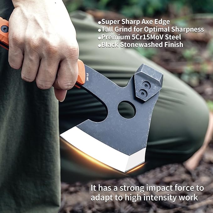 HX Outdoors Multifunctional Splitting Axe, Full Tang Survival Camping Tactical Wood Hatchet,Camp Bushcraft Hand Axes with Hammer and Nail Puller (Orange)