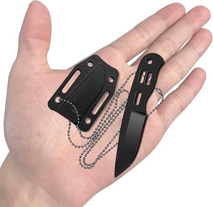 EDC Small Fixed Blade Neck Knife with Kydex Sheath, Cute Mini Necklace Knife for Men and Women -440C Steel Full Tang Design - Survival, Hunting, Camping, Hiking Cutting Tools (Black)