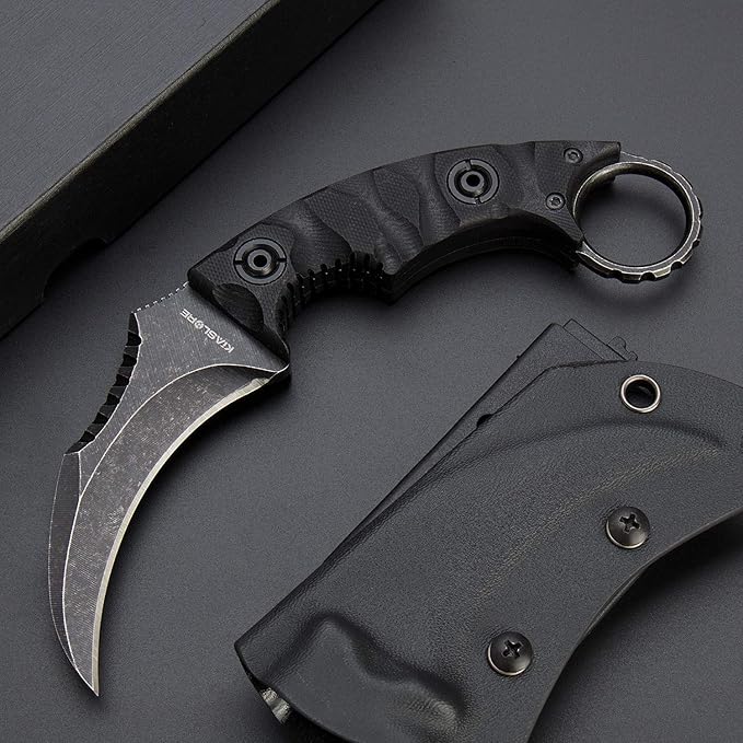 1911K Tactical Knife Fixed Blade Teeth Knife D2 curved Blade & G10 Handle for Outdoor Survival, Camping, Bushcraft and Hunting, with Sheath (Stonewashed, 180)