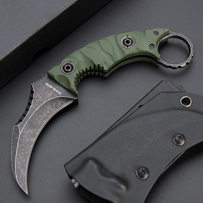 1911K Tactical Knife Fixed Blade Teeth Knife D2 curved Blade & G10 Handle for Outdoor Survival, Camping, Bushcraft and Hunting, with Sheath (Stonewashed OD Green, 180)