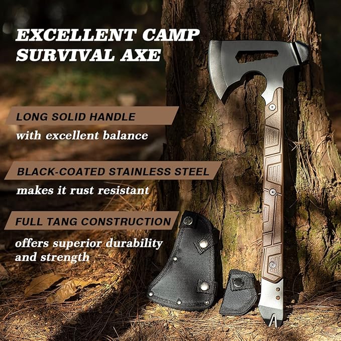 17.5in Full Tang Camping Axe Tomahawk with Nylon Sheath, Tactical and Survival Hatchet with Hammer for Axe Throwing, Outdoor Camping Hiking and Chopping Wood
