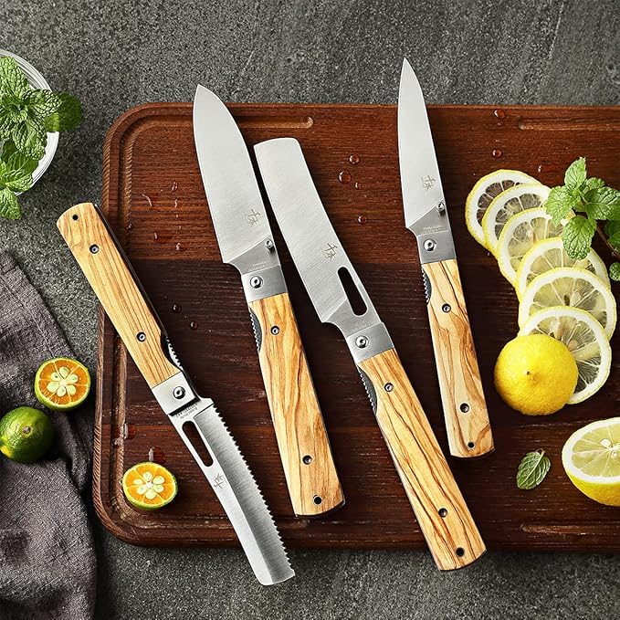440A stainless steel Gift wrapped 4 piece set sharp pocket folding Japanese chef knife universal peeling knife bread knife set portable kitchen knives with natural olive handle