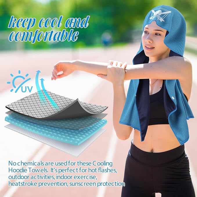 4 Pcs Cooling Hoodie Towels for Hot Weather Cooling Towels for Neck and Face Head UPF 50 Sweat Absorbent Cooling Neck Wraps Sweat Towel for Baseball Sports, Yoga, Gym, Fitness