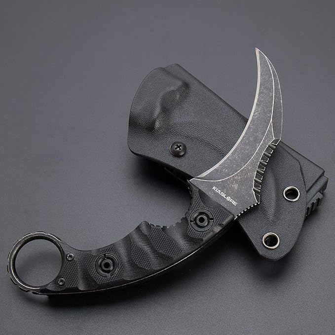 1911K Tactical Knife Fixed Blade Teeth Knife D2 curved Blade & G10 Handle for Outdoor Survival, Camping, Bushcraft and Hunting, with Sheath (Stonewashed, 180)