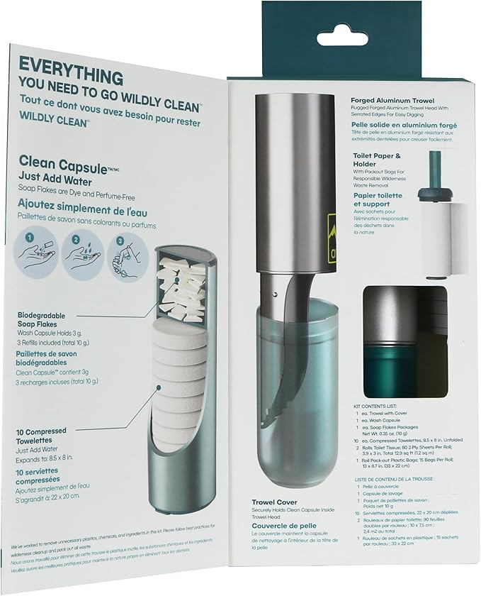Backpacking Trowel Toilet Kit - Includes Aluminum Camping Shovel, Toilet Paper, Packout Bags, Soap Flakes & Compressed Towelettes