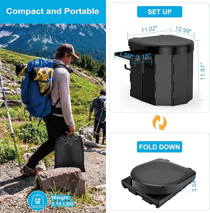 Portable Camping Toilet, Foldable Toilet for Adults with Detachable Phone Shelf and Toilet Paper Holder, Waterproof Porta Potty with Lid for Camping, Hiking, RV Travel, Road Trips