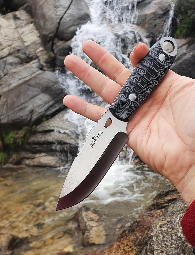 JEO-TEC Nº10 Bushcraft Survival Knife | Full Tang Fixed Blade Outdoor Camping Utility Hunting Knife In Kydex Sheath | MOVA Steel Fire Starter Scraper | Gift For Him
