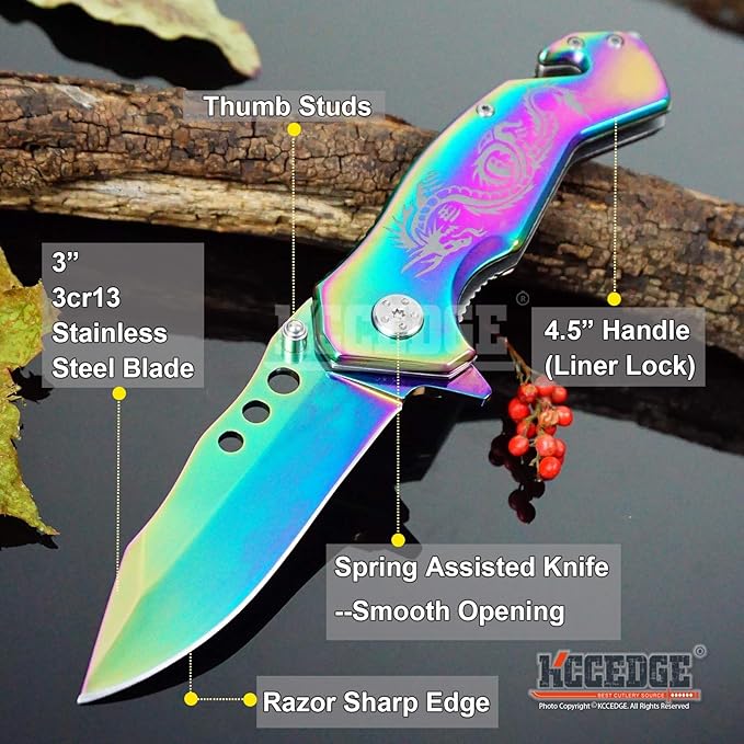 KCCEDGE BEST CUTLERY SOURCE EDC Pocket Knife Camping Accessories Razor Sharp Edge Drop Point Blade Folding Knife Camping Gear Survival Kit 58595 (Blue)