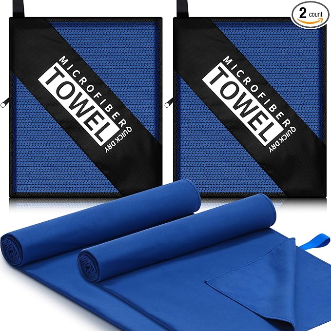 2 Pack Microfiber Beach Towel Large Travel Towel 60 x 30 Inch Quick Dry Swimming Towel Absorbent Ultra Compact Lightweight Camping Towel for Gym, Hiking, Pool, Yoga