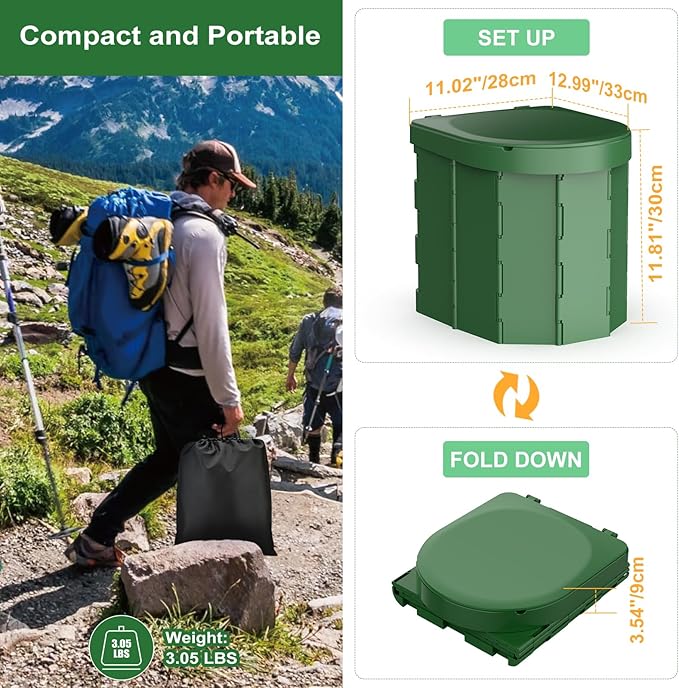 Portable Camping Toilet, Folding Toilet for Adults with Lid and Retractable Toilet Paper Holder, Waterproof Porta Potty with Carry Bag and Disposible Liners for Camping, Hiking, RV Travel, Road Trips