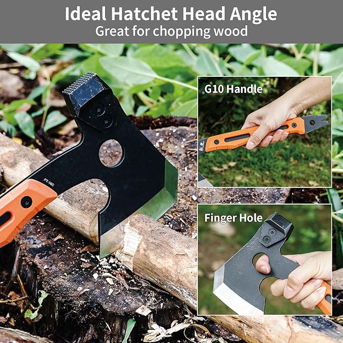 HX Outdoors Multifunctional Splitting Axe, Full Tang Survival Camping Tactical Wood Hatchet,Camp Bushcraft Hand Axes with Hammer and Nail Puller (Orange)