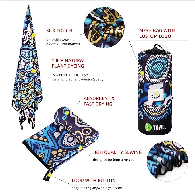 4Monster Camping Towels 3 Size at 1 Pack,Quick Dry Microfiber Towel,Beach Travel Towel Ultra Compact,Soft Gym Towel for Hiking Yoga Travel Sports Backpacking Trip and Pool