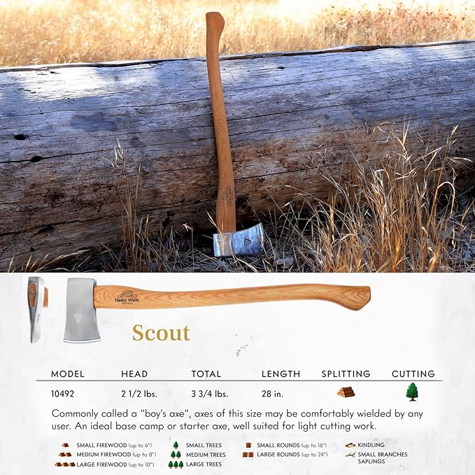 1844 Helko Werk Germany Classic Scout Axe - Made in Germany Felling Axe, Cutting Axe, Camping Axe, for felling trees, cutting wood, splitting camp firewood - Head 2.5 lbs, Handle 28 in. (Scout) #10492
