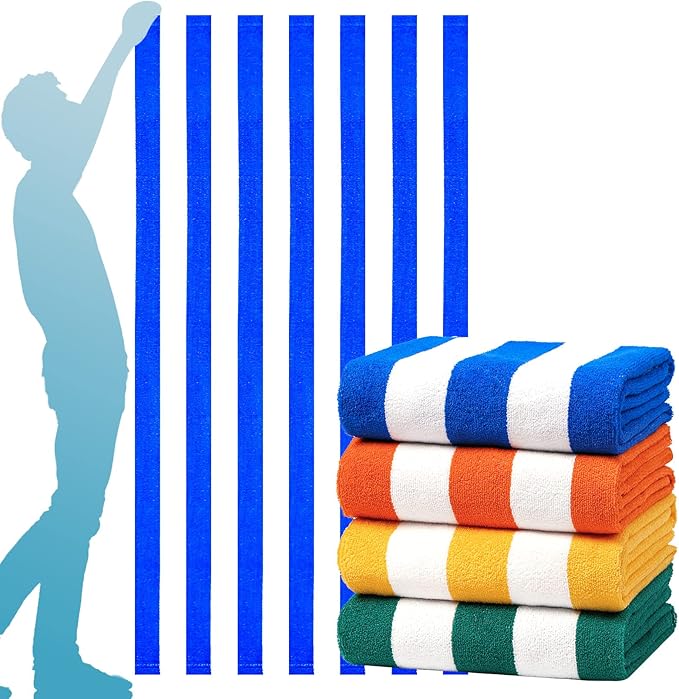 4 Packs Stripe Beach Towel Thin Terry Oversized XL Extra Large Big Clearance Pool Travel Blanket Cruise Accessories Essentials Super Soft Camping Swim Towels Girls Men Women Adults Gift Blue Orange