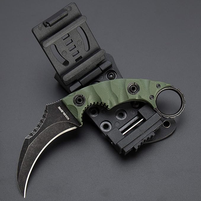 1911K Tactical Knife Fixed Blade Teeth Knife D2 curved Blade & G10 Handle for Outdoor Survival, Camping, Bushcraft and Hunting, with Sheath (Stonewashed OD Green, 180)