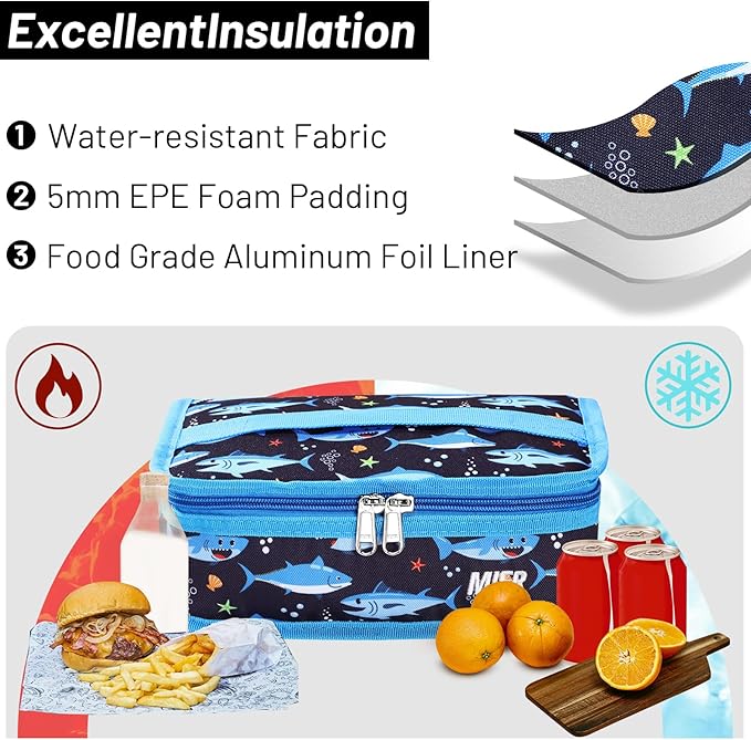 MIER Portable Thermal Insulated Cooler Bag Mini Lunch Bag for Kids, Blue Shark