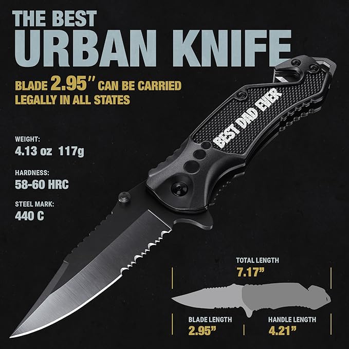 Pocket Knife ‘BEST DAD EVER’ - Legal Folding Knife with Engraved Aluminum Handle - 2.95” Sharp Blade - Cool Knives for Dad from Daughter Son - Best Father's Day Present - Gift for Him Men 6680 BDE
