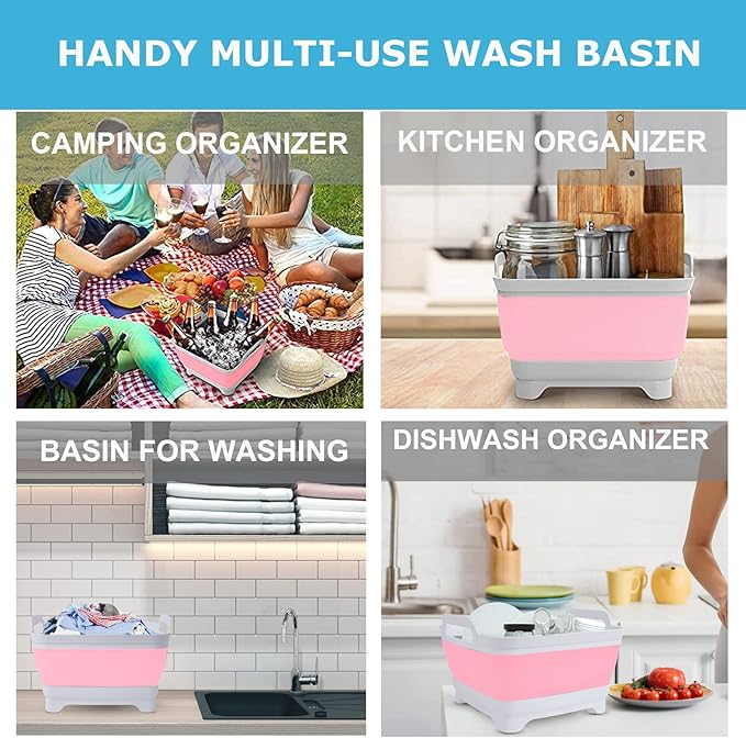 Dishpan for Washing Dishes,9L Collapsible Dish Tub Portable Sink,Wash Dish Basin,Foldable Laundry Tub,Washing Basin with Drain Plug,Dishpan for Kitchen Sink,Camping Dish Washing Tub,Pink