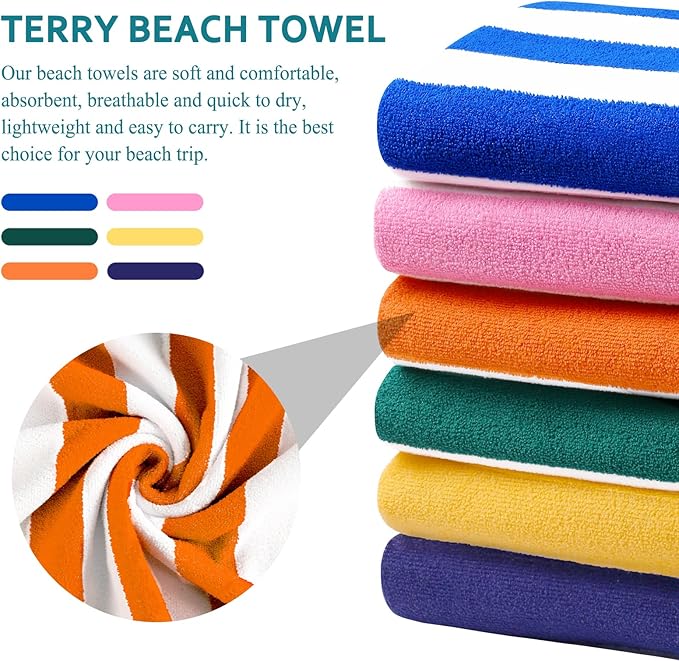 4 Packs Oversized Stripe Beach Towel Thin Terry with Towel Bands Set XL Extra Large Big Clearance Pool Travel Accessories Essentials Soft Absorbent Swim Bath Towels Bulk Men Women Adults Gift Orange