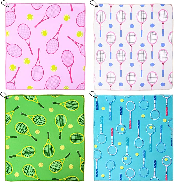 4 Pcs Tennis Towel 15 x 17 Inch Soft Tennis Prints Towels Absorbent Fast Drying Funny Tennis Towel with Carabiner Clip Tennis Hand Towels Tennis Gift for Women Men Team Sports Tennis Accessories