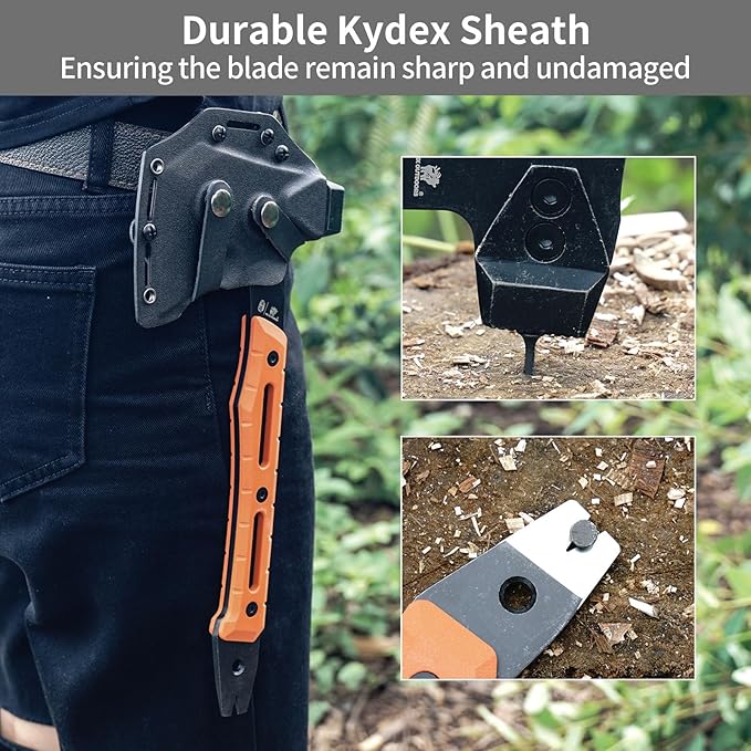HX Outdoors Multifunctional Splitting Axe, Full Tang Survival Camping Tactical Wood Hatchet,Camp Bushcraft Hand Axes with Hammer and Nail Puller (Orange)
