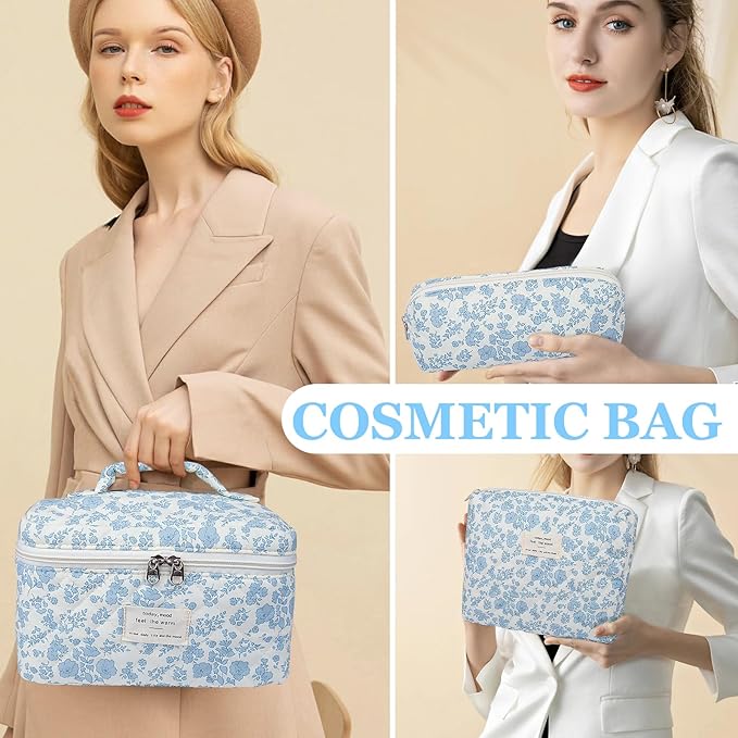 3pc Makeup Bag Set, Quilted Makeup Bag Set, Large Floral Cosmetic Bag for Women, Cute Cotton Makeup Bags, Flower Travel Toiletry Organizer Bag (Green Leaves Blue Flowers)