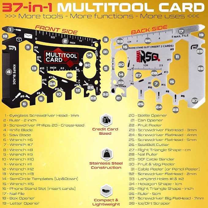 37-in-1 Credit Card Tool Black & Silver Sets Men's Gifts (2 Sets in 1 Pack). Wallet Multitool Card Tool Gift. Wallet Multitool Card Tool Gifts for Dad. Best Gifts for Men Who Have Everything