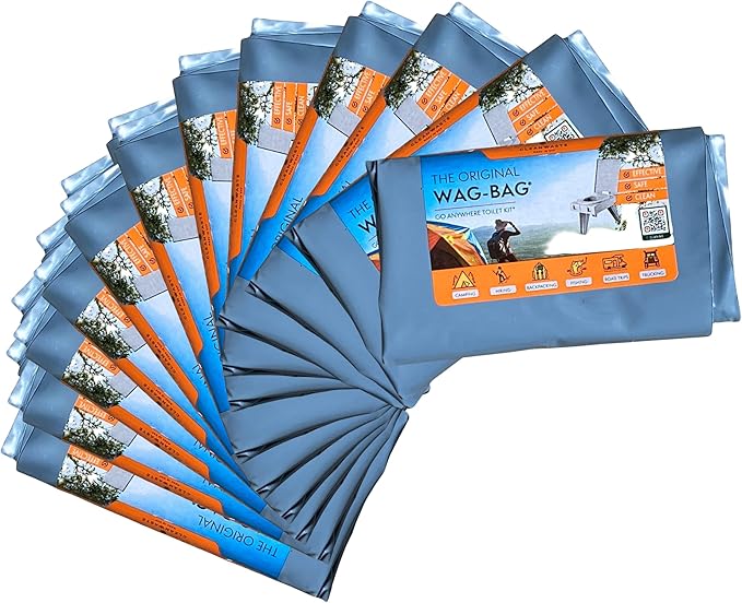 12 Pack GO Anywhere Lightweight Portable Toilet Refill Kit for Camping, Hiking, Backpacking w/ 12 Toilet Waste Kits (Waste Bag with Poo Powder, Zip-Close Storage Bag, Toilet Paper & Moist Towelette)