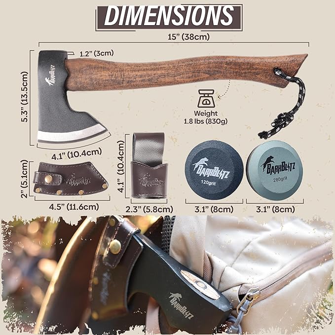 15" Camping Hatchet Axe - Camping Axe with 1045 High Carbon Steel - Hatchet Axe with Sheath - Bushcraft Axe with Handle - Splitting Hatchet for Chopping Wood - Hatchet Axe for Camping