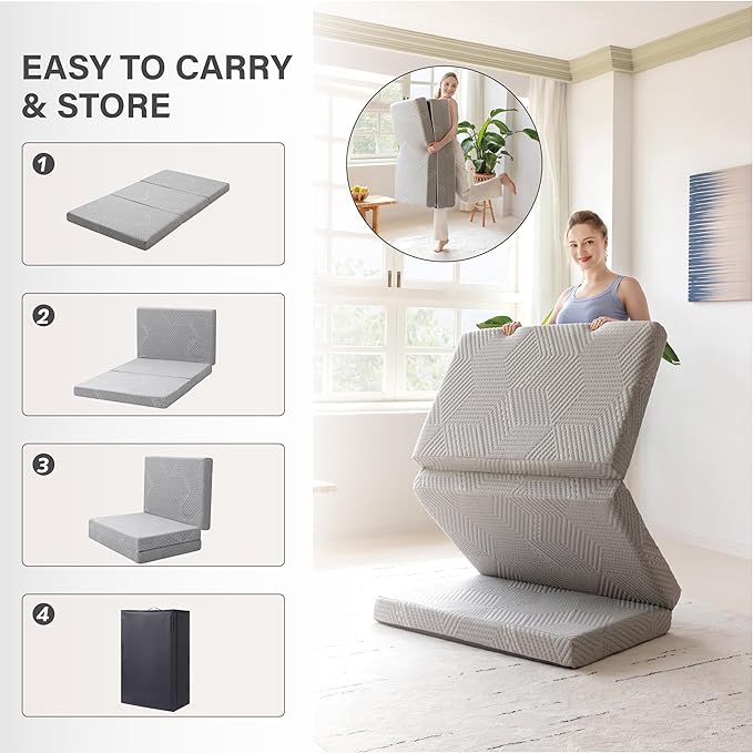 MLILY Tri-Fold Memory Foam Mattress, 4 inch Twin XL Folding Mattress with Collapsible and Washable Cover, Travel and Guest Mat, 80"×38"×4", Grey