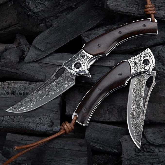 3.5in handmade japanese vg10 damascus steel blade folding pocket knife for men and women,leather sheath,ebony wood handle,liner lock,edc outdoor knives for camping