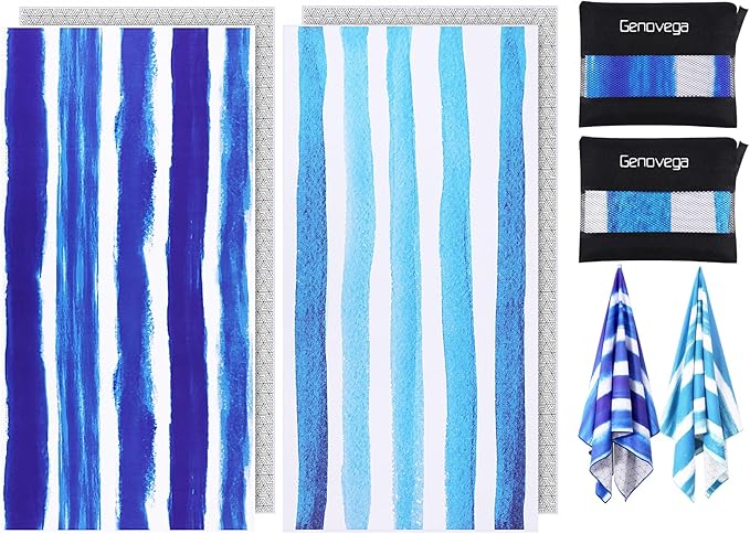 2 Pack Microfiber Oversized Beach Towel Lightweight Thin Sandproof Compact Quick Dry Clearance Towels Extra Large Sand Free Pool Travel Beach Essentials Accessories Women Men Adult Gift Blue Stripe