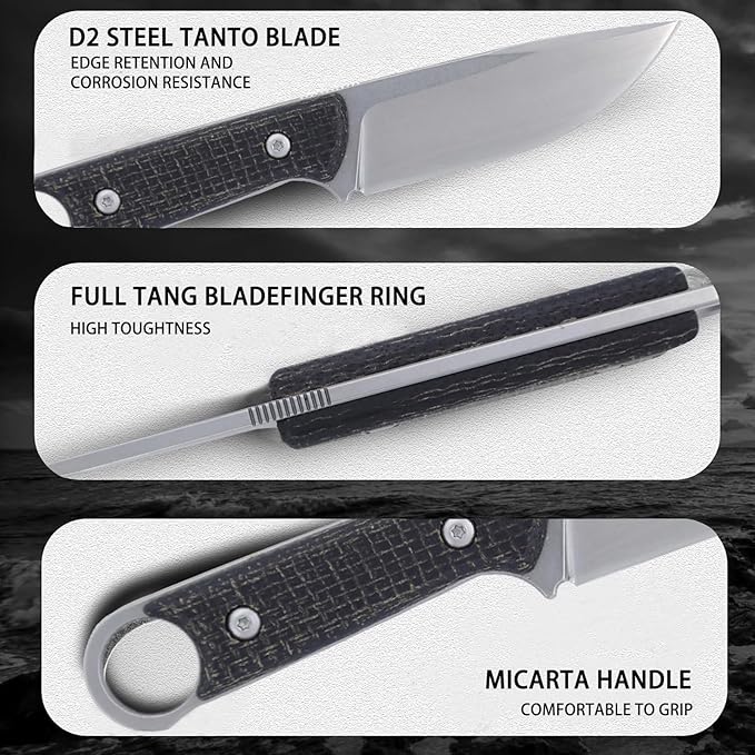 3.38 Inches D2 Steel Fixed Blade Knife,with Kydex Sheaths,for Camping,Hunting,Outdoor Activities 1048A1, realbbh8