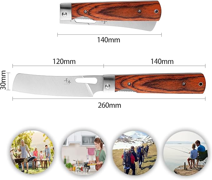 440A Stainless Steel Super Sharp Japanese Pocket Folding Chef Knife Peeling Utility Knife Color Wooden Handle Camping Travel Outdoor Portable Kitchen Knife