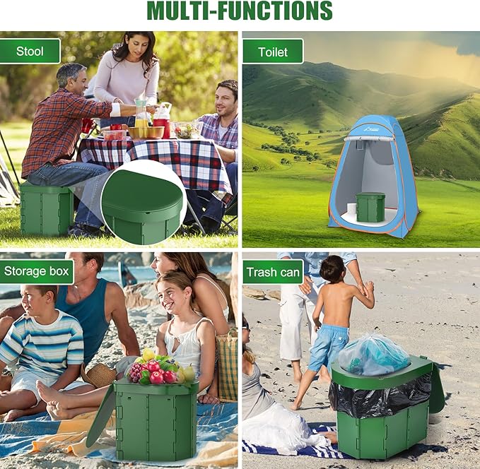 Portable Camping Toilet, Folding Toilet for Adults with Lid and Retractable Toilet Paper Holder, Waterproof Porta Potty with Carry Bag and Disposible Liners for Camping, Hiking, RV Travel, Road Trips