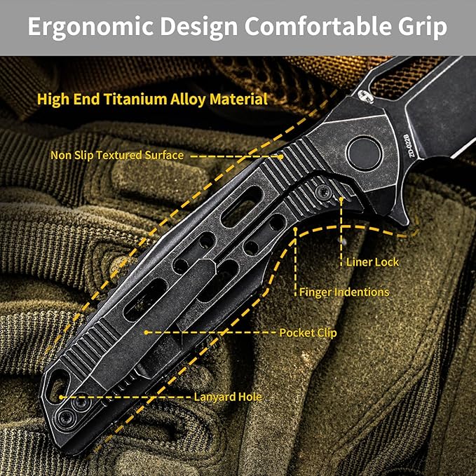 HX OUTDOORS Pocket Knife with Lock, High End S35VN Steel Folding Knife with Non Slip Titanium Alloy Handle(Black)